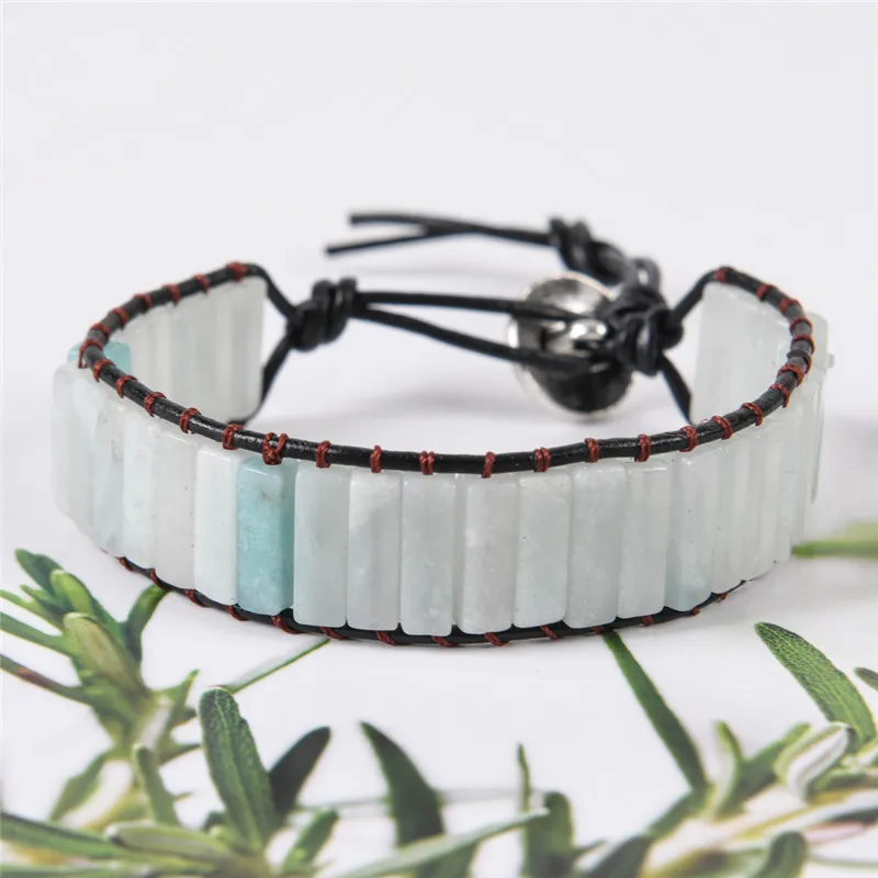 

Bohemia Bracelet Amazonite Single Vintage Leather Wrap Bracelet Semi Precious Stone Beaded Cuff Bracelet Drop shipping