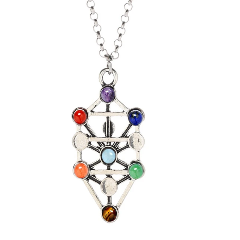 silver Рейки 7 хрустальных бусин чакра натуральный камень кулон Йога Медитация кварц ожерелье исцеление точка кулон для женщин Подарки - Окраска металла: silver