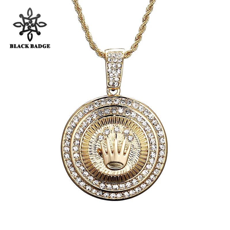 

Bling Bling Iced Out Cubic Zirconia Crown Necklaces Alloy Round Necklaces & Pendants For Men Jewelry Gift
