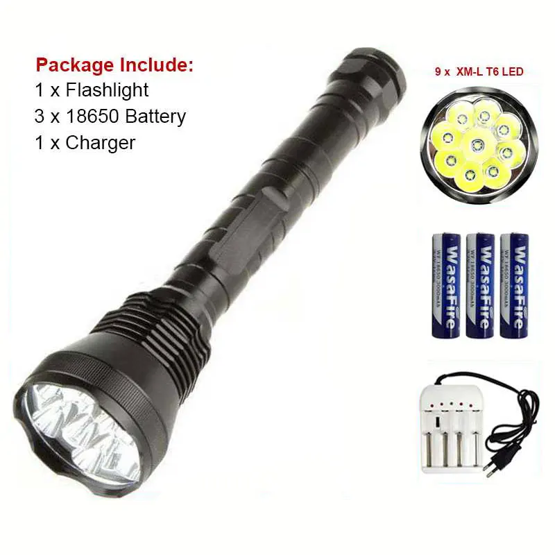 

Super Bright LED Flashlight 9 X T6 10000 Lumen Portable Flashlights 18650 Led Torch XML-T6 Waterproof Light Lanterna for Patrol