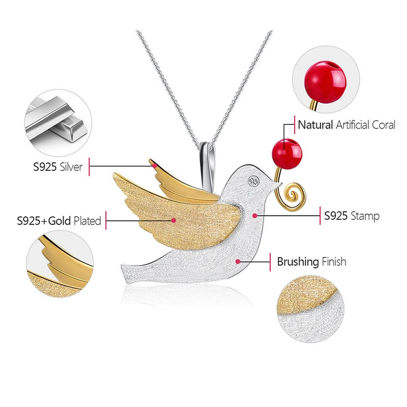 Lotus Fun Real 925 Sterling Silver Handmade Fine Jewelry Creative Flying Pigeon with Fruits Pendant without Necklace for Women