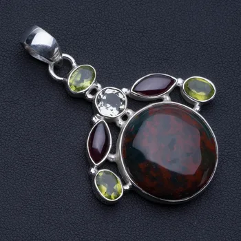 

Natural Blood Stone,Amethyst,Peridot and Green Amethyst 925 Sterling Silver Pendant 2 1/4" P0528