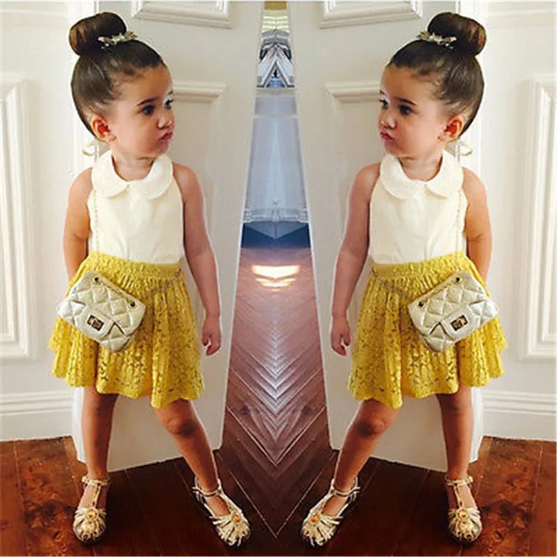

Baby Children Sets Kid Toddler Girl Sleeveless Top Vest Shirt Yellow+ Lace Skirt Princess Party 2Pcs Suit Set Outfit