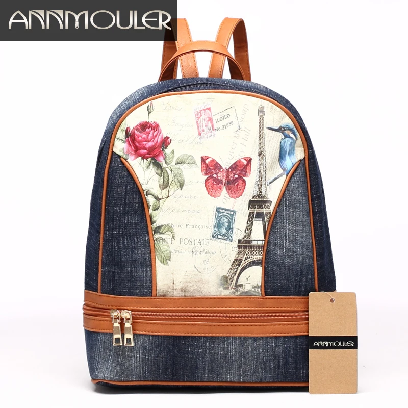 

Annmouler New Design Women Backpacks Jeans Shoulder Bag Casual Backpack Large Capacity Laptop Bag 3 Colors School Bag for Girls