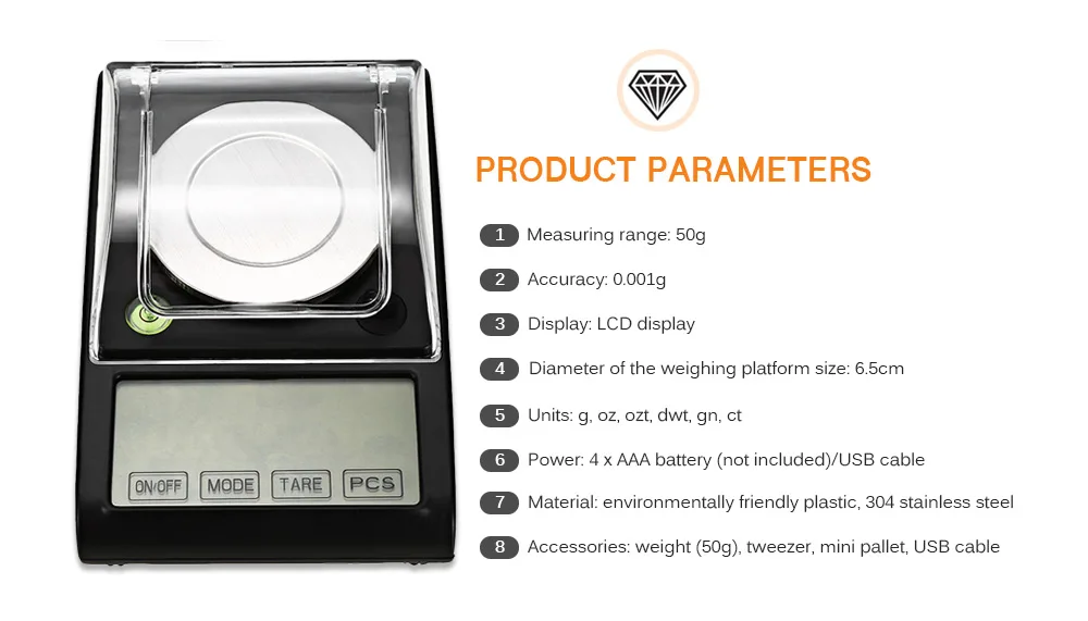 50g / 0.001g High Precision Touch Screen Portable Electronic Digital Diamond Jewelry Scale Gold Lab Balance