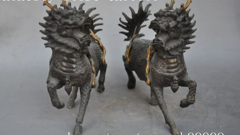 

8" Chinese fengshui bronze gilt foo dog Unicorn Kylin Brave troops beast statue