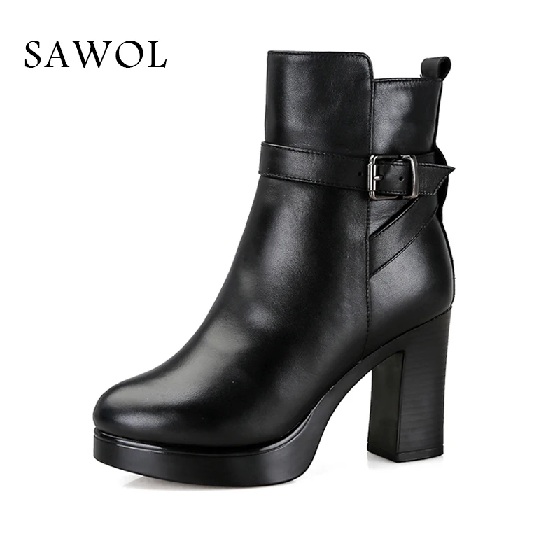 

Brand Women Winter Shoes Genuine Leather Natural Wool Winter Boots High Quality Big Plus Size High Heel Ankle Boots Sawol