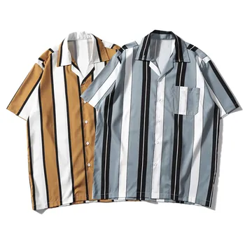 

#3801 Vertical Striped Shirt For Men Short Sleeve Streetwear Korean Fashion Hawaiian Shirt Beach Loose Lapel Collar Summer 2020
