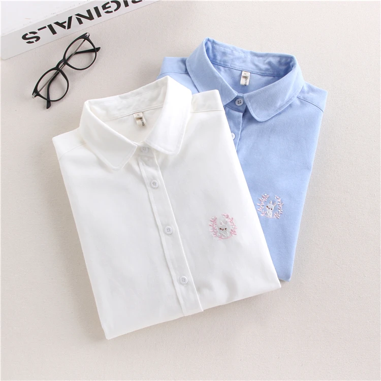 EYM Brand Blouse Shirt Women 2018 New Long Sleeve Ladies Tops Solid White Casual Oxford Embroidery Shirts Women's Clothes Blusas