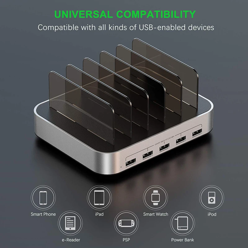 SeenDa 5 منافذ USB حامل محطة شحن مع حامل 50 W 10A سطح المكتب شاحن يو اس بي للجوال هاتف لوحي جهاز شحن المنظم