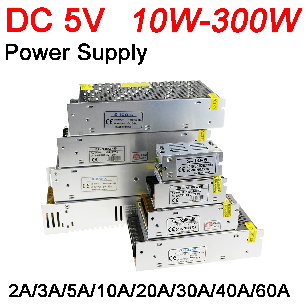 Питание трансформатор AC100-240V для DC5V 2A 10 Вт 3A 15 Вт 5A 25W 10A 50 Вт 20A 100W 30A 40A 200W 60A 300W Светодиодные ленты Мощность адаптер