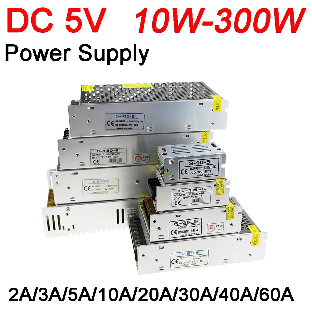 

Power Supply Transformer AC100-240V to DC5V 2A 10W 3A 15W 5A 25W 10A 50W 20A 100W 30A 40A 200W 60A 300W LED Strip Power Adapter