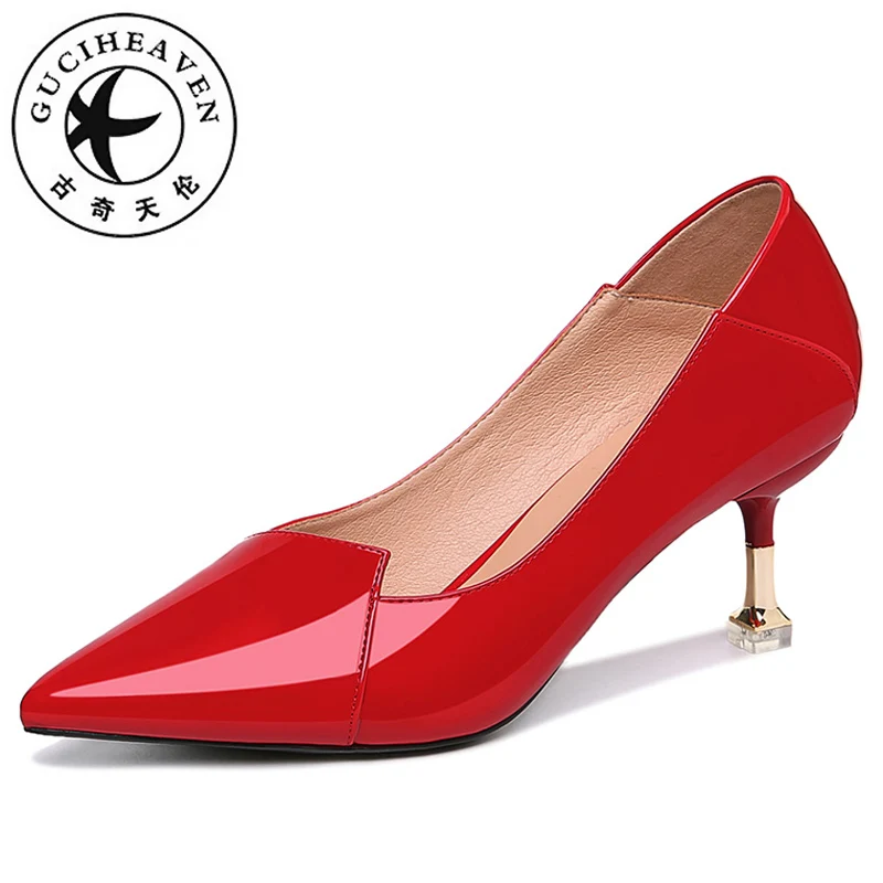 

Guciheaven 2018 New Arrival Women Dress Slip-On Pumps Office Shallow High Heels Pointed Toe Red Black Shoes Patent Leather