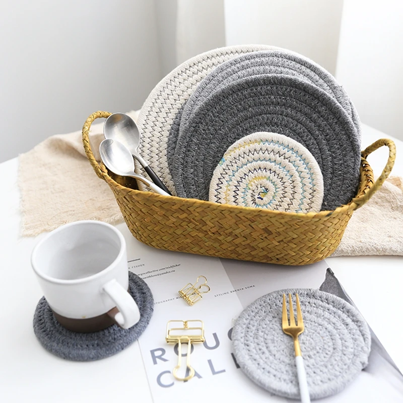 

Home Weave Mat Drink Coaster Thickening Heat Insulation Pad Round Placemat Cotton Linen Table Mat Kitchen Accessories Decoration