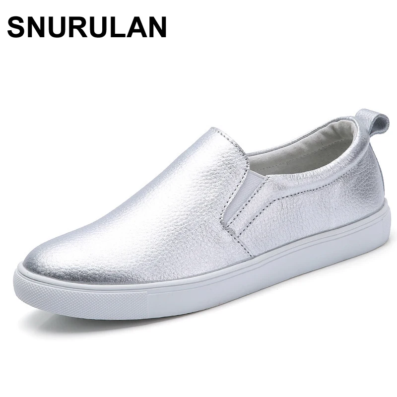 

SNURULAN Brand Women Sneakers Slip on Casual Flats Shoes Leather White Sole Female Lazy Shoes Ladies White Black Metallic Faux