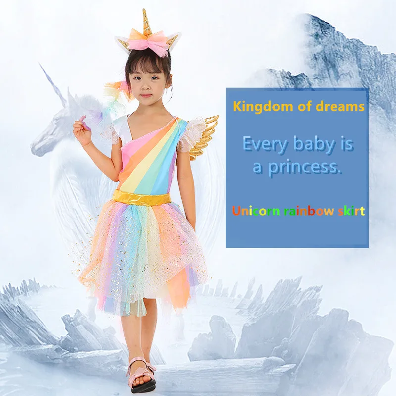 

DKDGNY Kids Rainbow Unicorn Dress Girls Cosplay Costume Children Princess Dresses Hair Hoop Wing Set Halloween Party Tutu