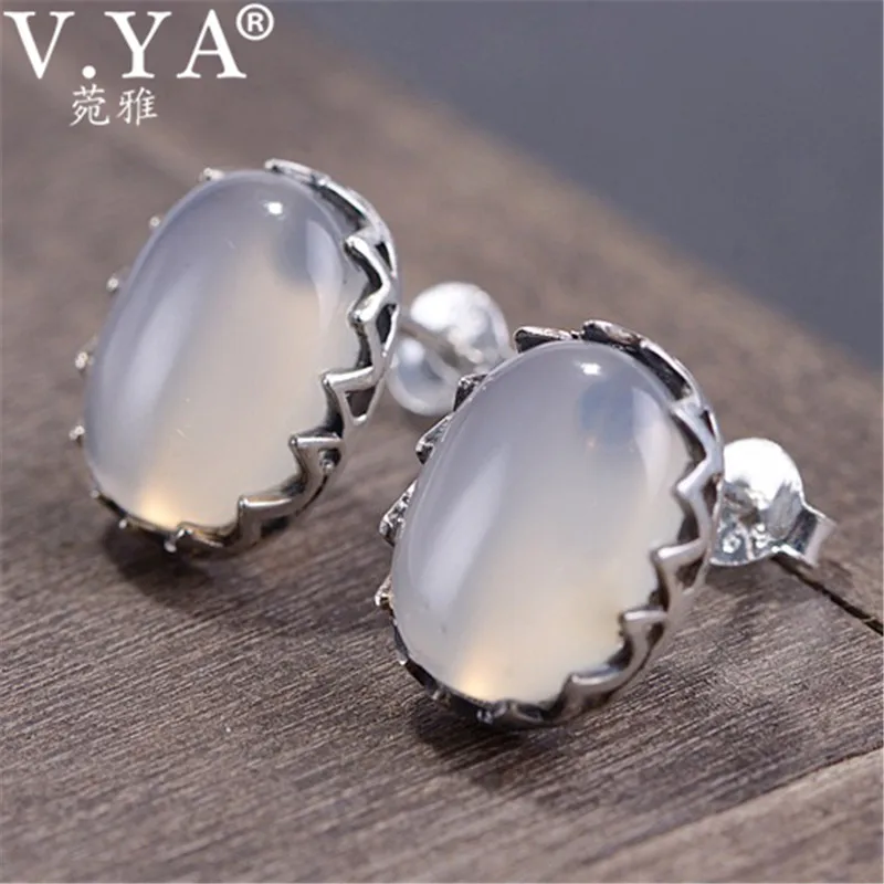 

V.YA 925 Sterling Silver Jewelry Earrings with Natural Stone Chalcedony Handmade Stud Earrings for Women Boucles d'oreilles
