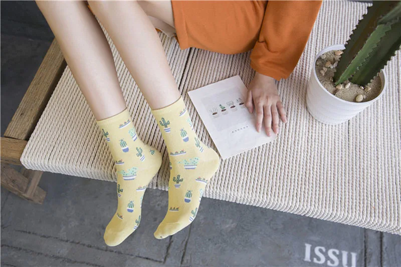 Модные женские удобные Носки с рисунком кактуса для девочек, мягкий хлопковый носок, повседневные теплые короткие мужские носки