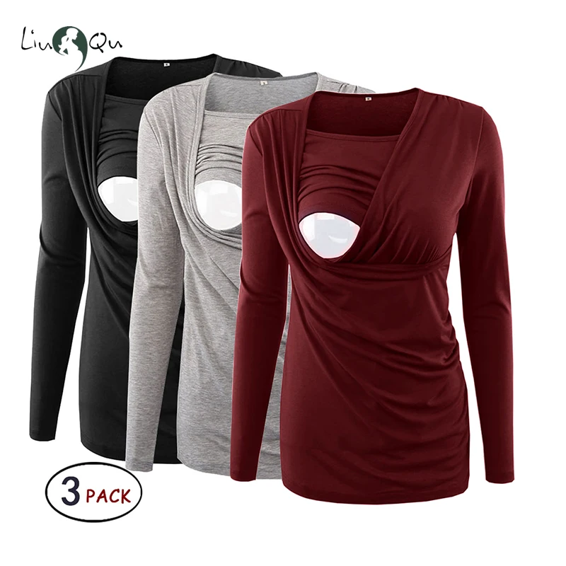 

Pack of 3pcs Women's Maternity Tops Nursing Blouse Flattering Side Ruching Long Sleeve Breastfeeding Top Pregnancy T-shirt