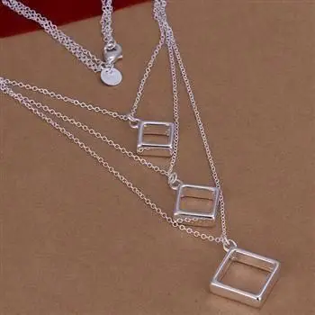 

N136 Hot sale Lovely silver plated Necklaces Factory price silver 925 jewelry fashion Triple Line And Square Necklaces