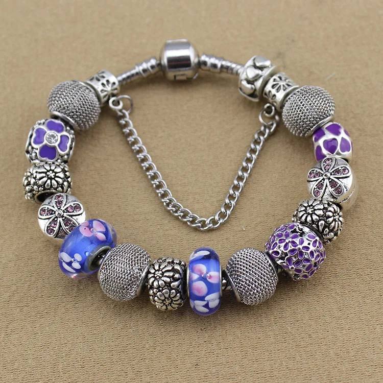 

Purple Flazed Crystal For Women Fashion Embossed Petals Vintage Silver Plated Pan Bracelet Original DIY handmade Best gift