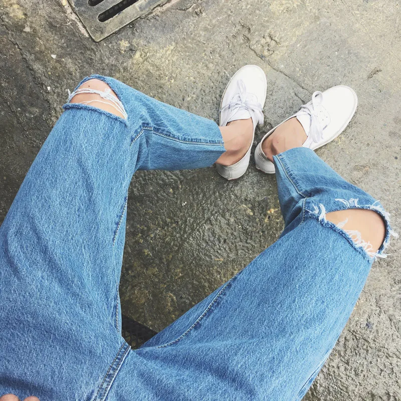 

New 2017 Fashion Casual Men's pants Men washed Distressed Knee Hole design Teenager Leisure Hip Hop Teenagers Ankle Length jeans