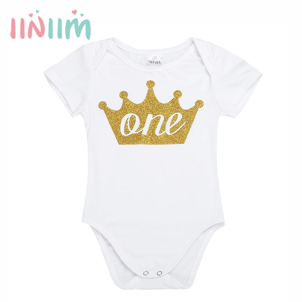 

iiniim Brand Hot Unisex Infantil Baby Boys Girls Short Sleeves Crown Letter ONE 1st First Birthday Party Photos Costume Romper