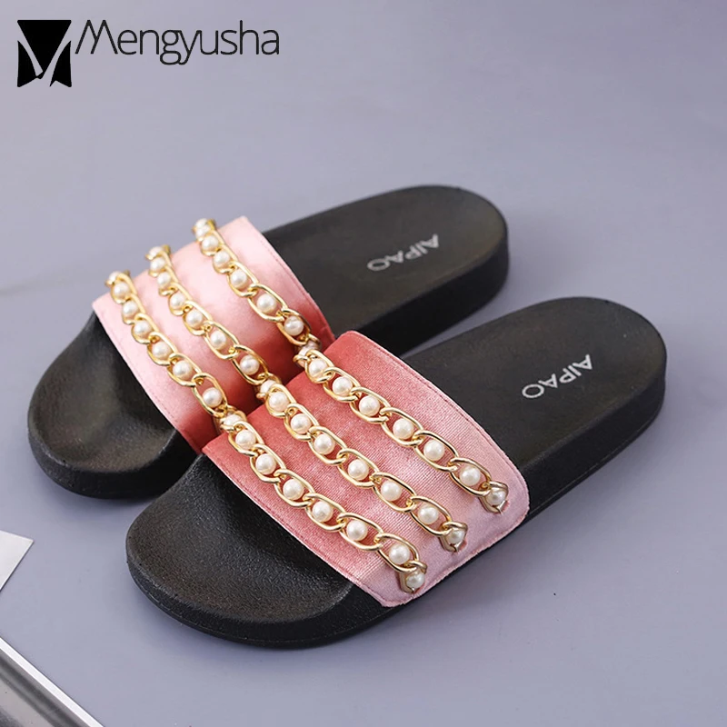 

women famous brand design beach sandals lady chains decorate mules summer pearl studs open toe slides woman flip flops 2019 new