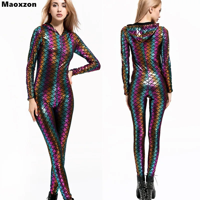 Maoxzon Fish Scale Sexy Slim Hooded Rompers Womens Jumpsuits Fashion