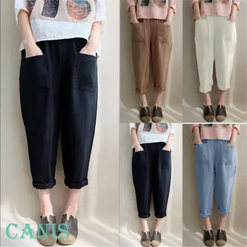 

New Women Ladies Fashion Casual Summer Pants Linen Elastic High Waist Loose Solid Comfy Pants Trousers