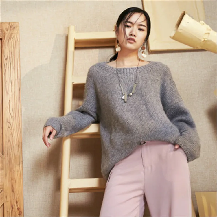  100%hand made wool Oneck thick knit women fashion solid loose H-straight pullover sweater one&over 