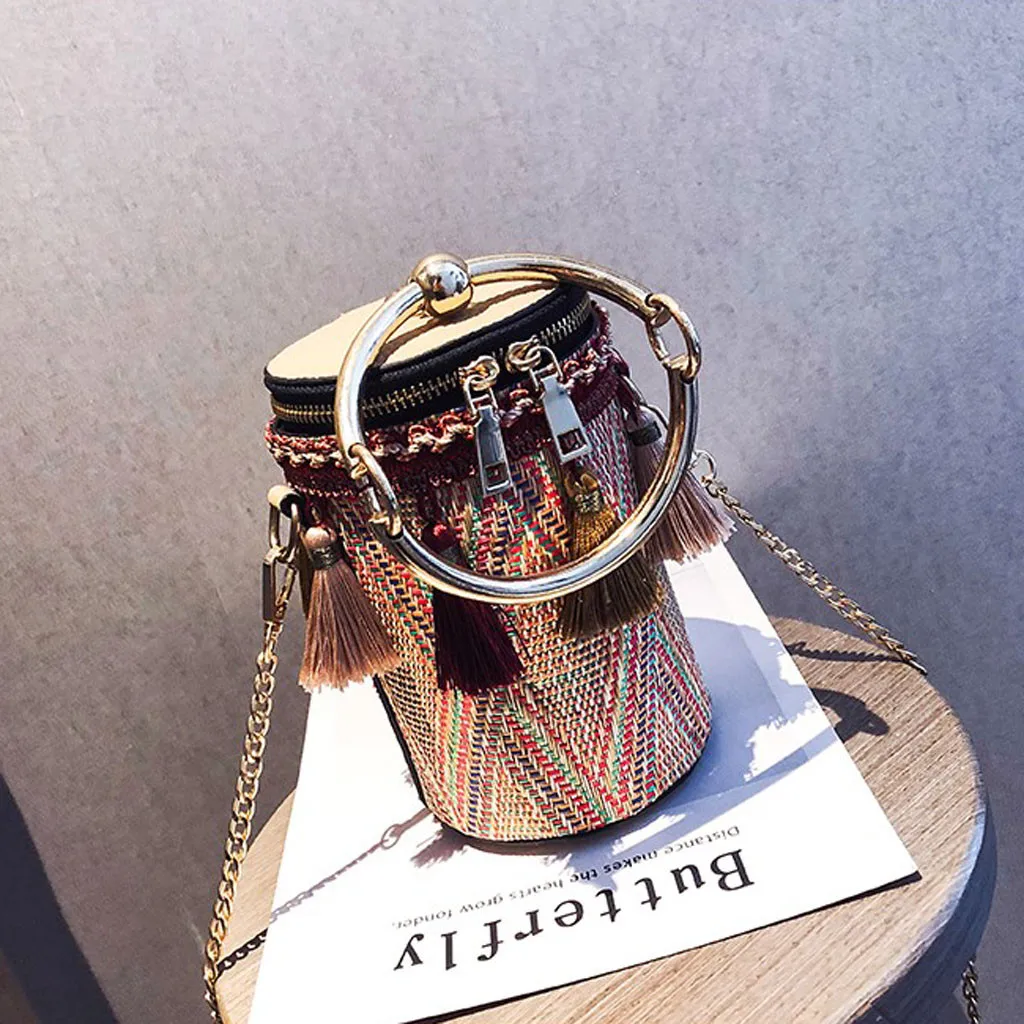 

Women Retro barrel shaped Shoulder Bag female new design Weave Tassel Bucket Bag ethnic vintage Crossbody Bag handbag tote sac