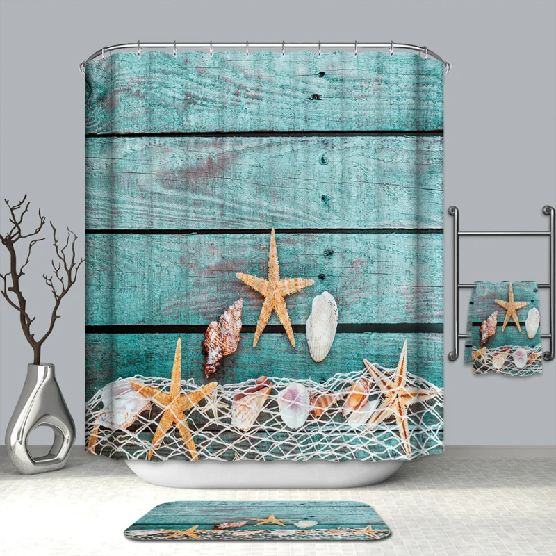 

4pcs / Set Turtles Printed Pattern Bathroom Decoration Shower Curtain Pedestal Carpet Lid Toilet Cover Mat Non-slip Bath Mat Set