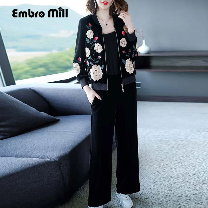 Schwarze High End M Floral Set Anzug Vintage Set L Jacke Samt Stickerei Elegante 4xl Hosen Blumen ssig Frauen Top Dame zSpqUVM