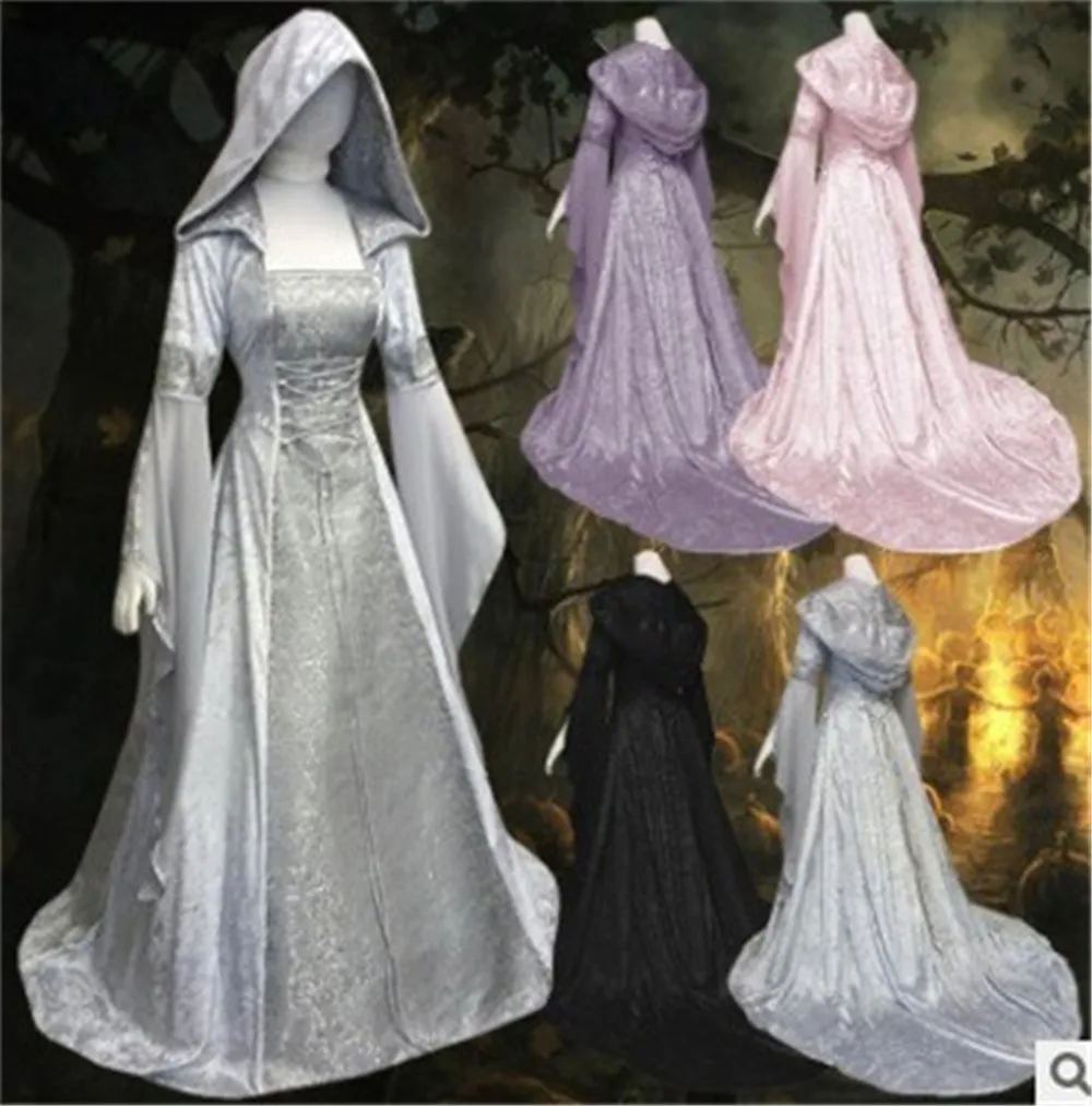 

New Women Vintage Medieval Pagan Wedding Hooded Dress Romantic Fantasy Gown Floor Length Renaissance Dress Cosplay Retro Witch