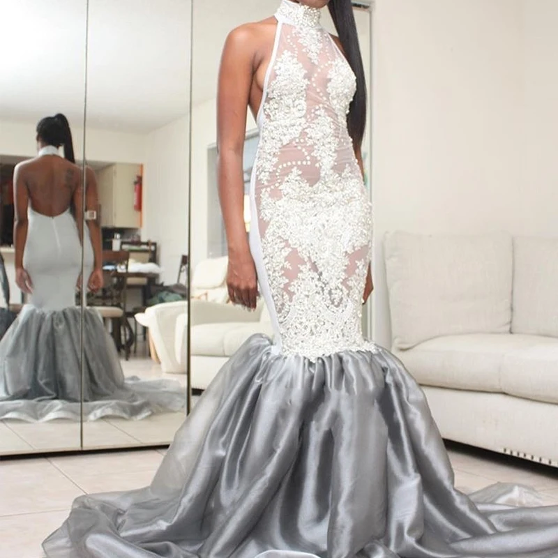 

Sexy White Lace Mermaid Evening Gowns Chic Halter Backless Prom Gowns Customized Appliques Floor-Length Prom Party Dresses