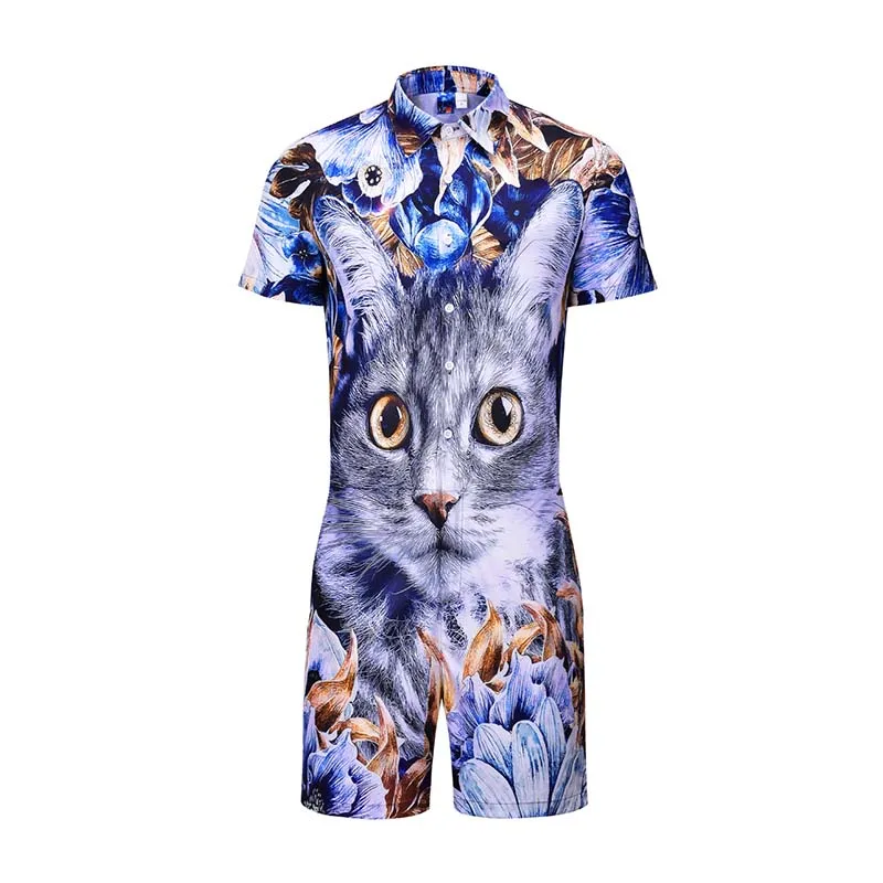 Cute Cat Amimal 3D Print Rompers Men Short Sleeve  Jumpsuit Playsuit Cargo Overalls One Piece Jumpsuit Hawaiian Shirts Men's Set