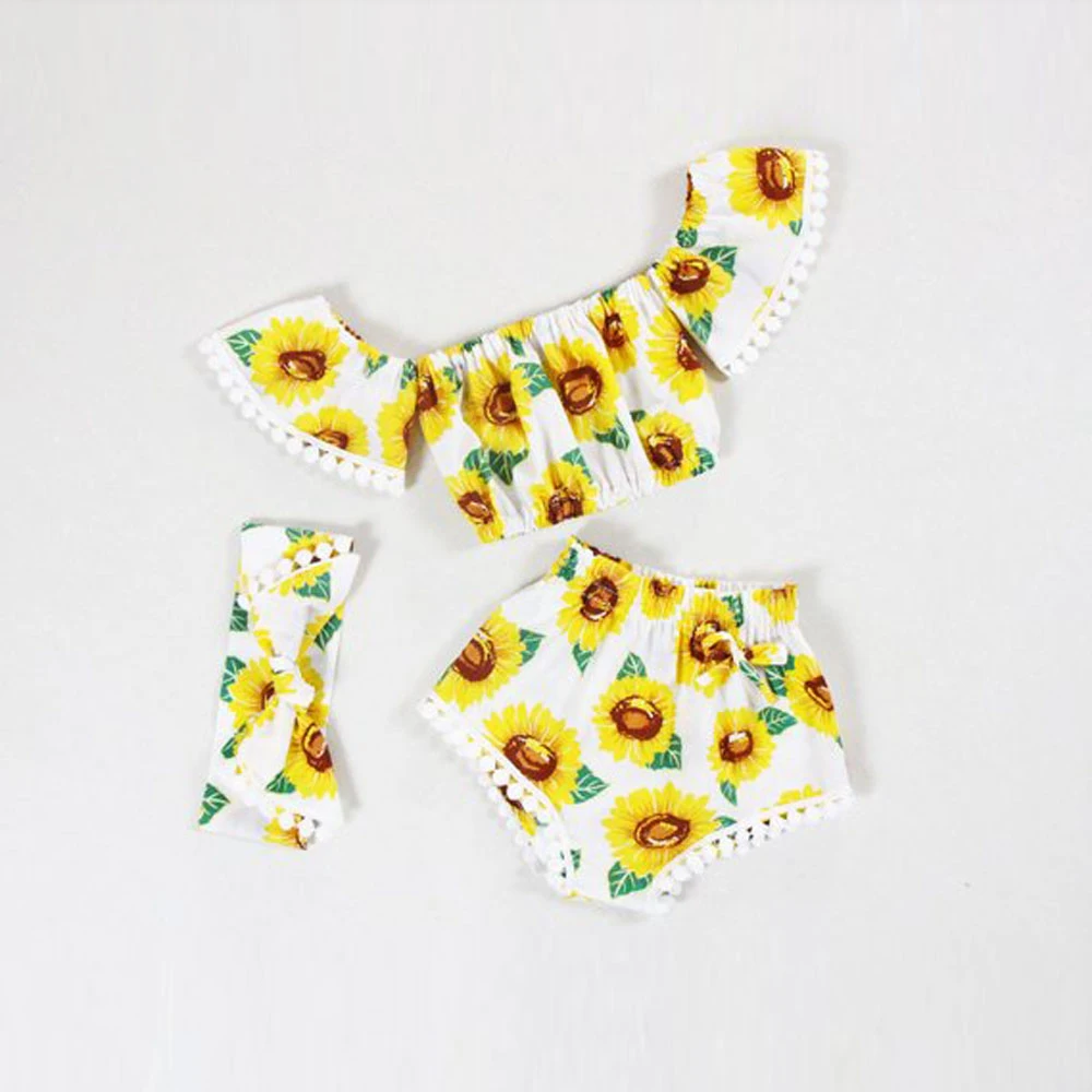GRNSHTS Baby Girls Sunflower Shorts Set 3Pcs Infant Fly Sleeve Ruffled Shirt+Sunflower Diaper+Headband Summer Outfits