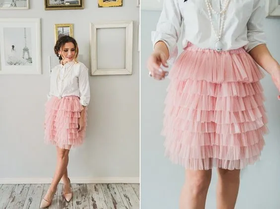 Розовый оборками многоуровневого юбка линии по колено Тюлевая юбка сказочной Романтический Для женщин Юбки для женщин ручной работы