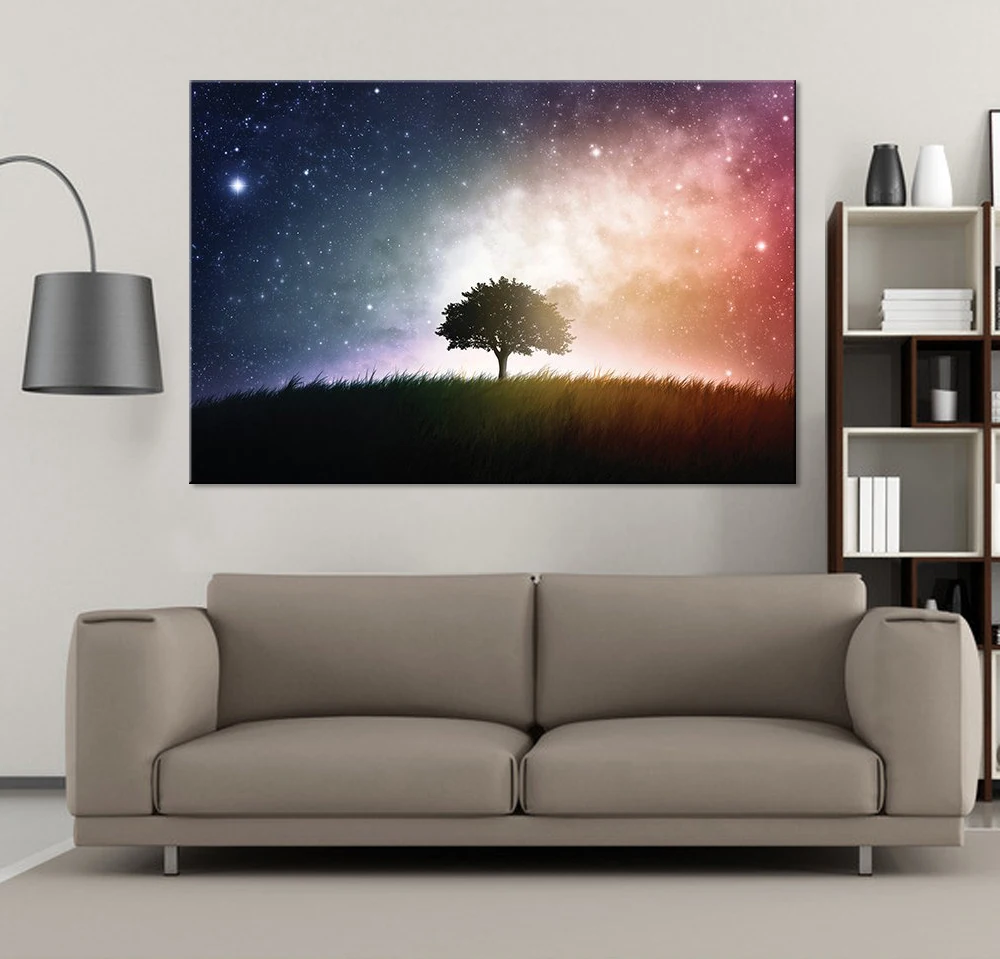 Canvas HD Print Painting Modular Picture Beautiful Aurora Night Star Sky Sky Tree Landscape Picture Wall Art  Home Decor Poster