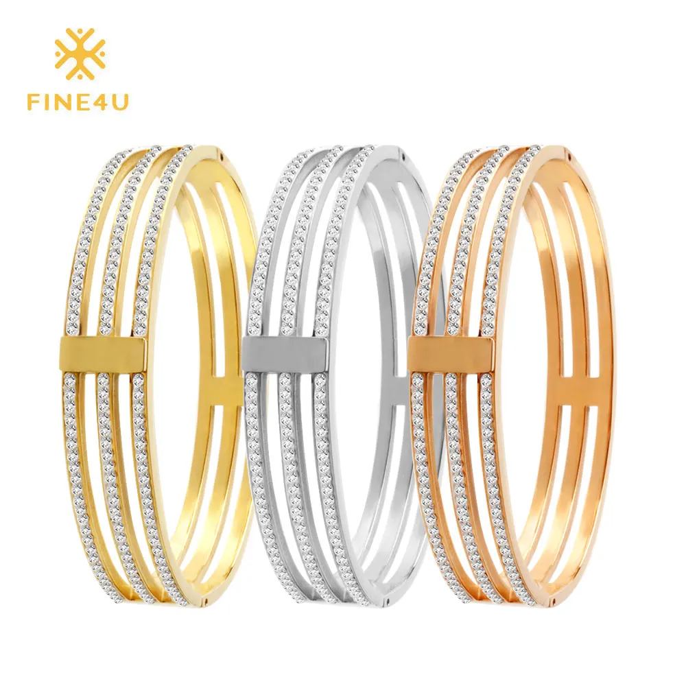 

2019 New FINE4U B101 Cubic Zirconia Cuff Bracelet For Women 316L Stainless Steel Bracelets & Bangles Arm Pulseira Feminina