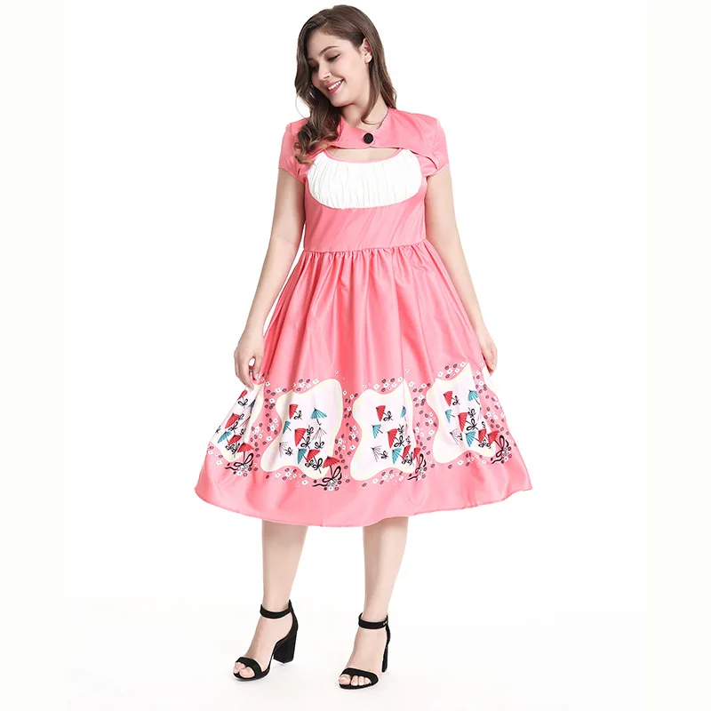 2018 summer explosion models selling new women's retro style printing waist slimming large size V-neck high polyester | Женская