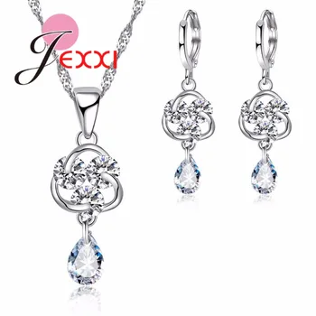 

925 Sterling Silver Jewelry Set for Women Wedding Romantic Cubic Zirconia Flower with Water Drop Crystal Pendant