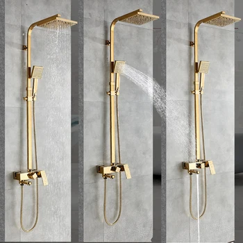 

8" Rainfall Shower Faucet Set Wall Mounted With Hand Shower Bathroom Rain Shower Column Tap Golden Bath Shower Mixers