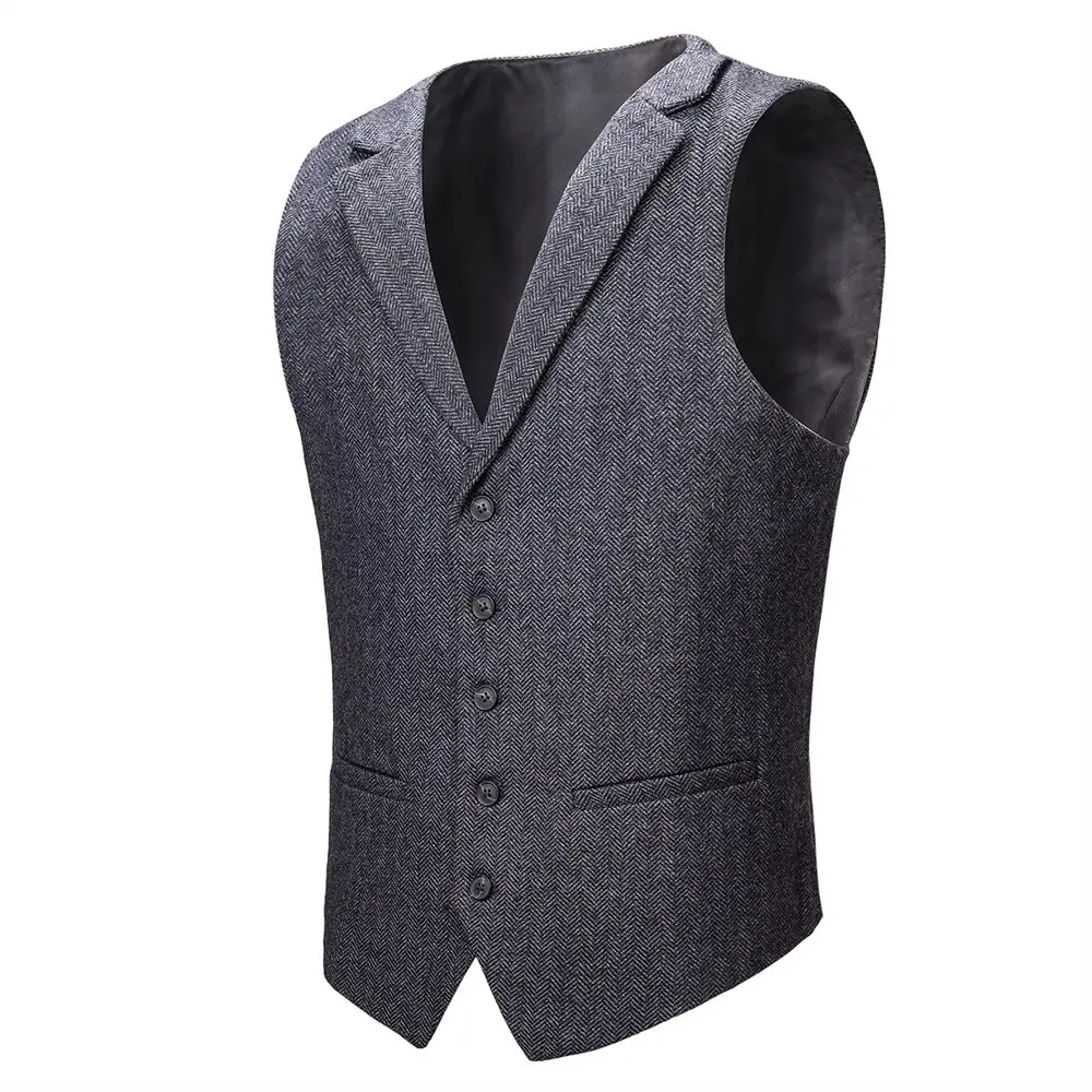VOBOOM Wool Blend Tweed Herringbone Vest Coat Men Gray Single Breasted
