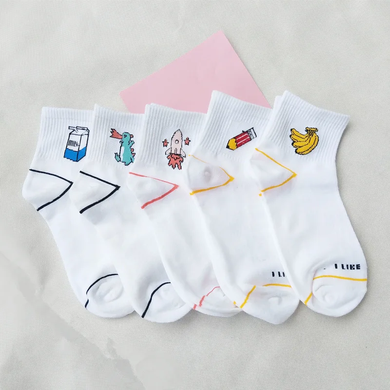 Fashion Women's Sock Rocket/Milk/Banana/Dinosaur/Pencil Pattern Print Cartoon Harajuku Baseball