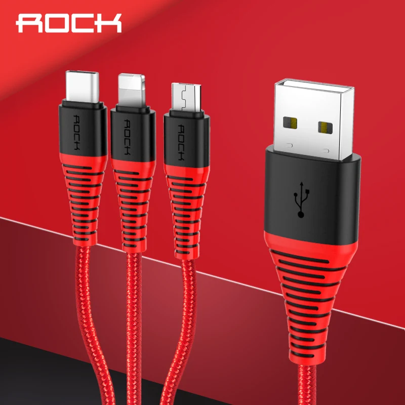 Кабель Micro USB ROCK 3 в 1 кабель для зарядки и iPhone высокопрочный зарядный usb X 8 7 6 Plus|usb