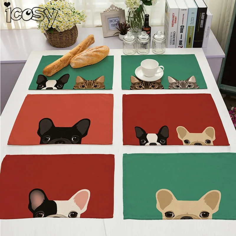 Icosy Cotton Linen Cartoon Dog Table Dishware Place Mats Dinner