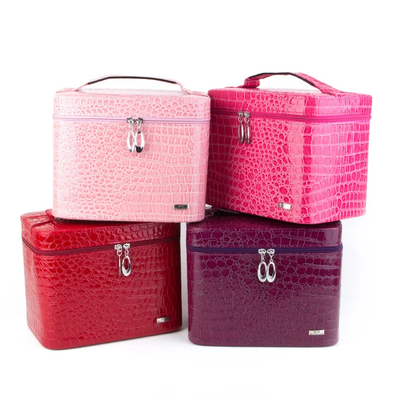 

Guanya leather Jewelry box Zipper around Multi-function Travel Jewellery box case organizer Cosmetic bag with Mirror inside