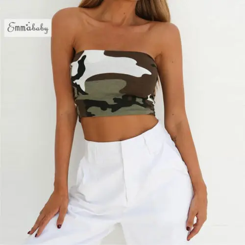 Женский Сексуальный Топ без бретелек Camo Bandeau, Женский Летний Эластичный укороченный Топ без бретелек, Майка без косточек